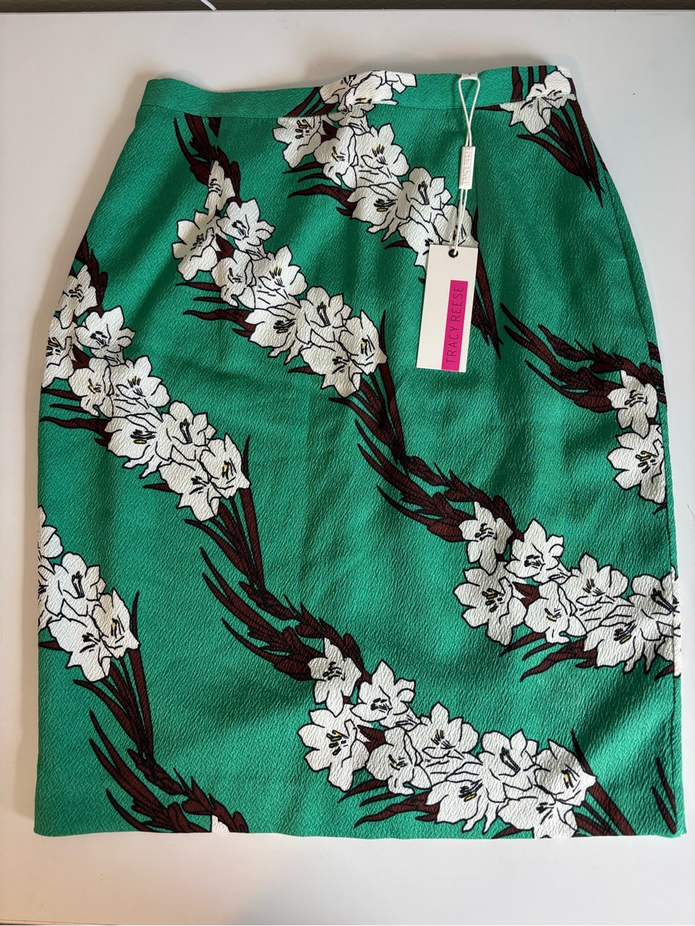 Tracy Reese Vibrant Green & White Floral Pencil Skirt Size 6 Classic Designer
